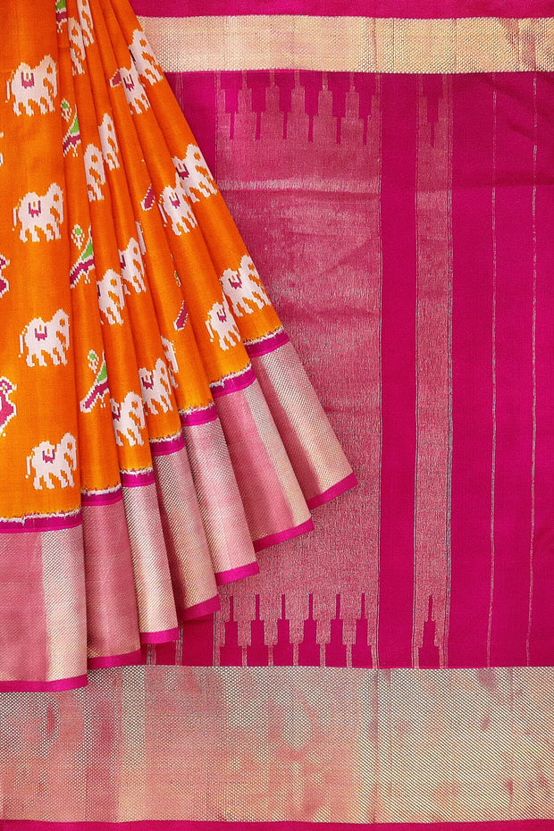 Handwoven Ikat pure silk saree in orange with elephant & bird motifs