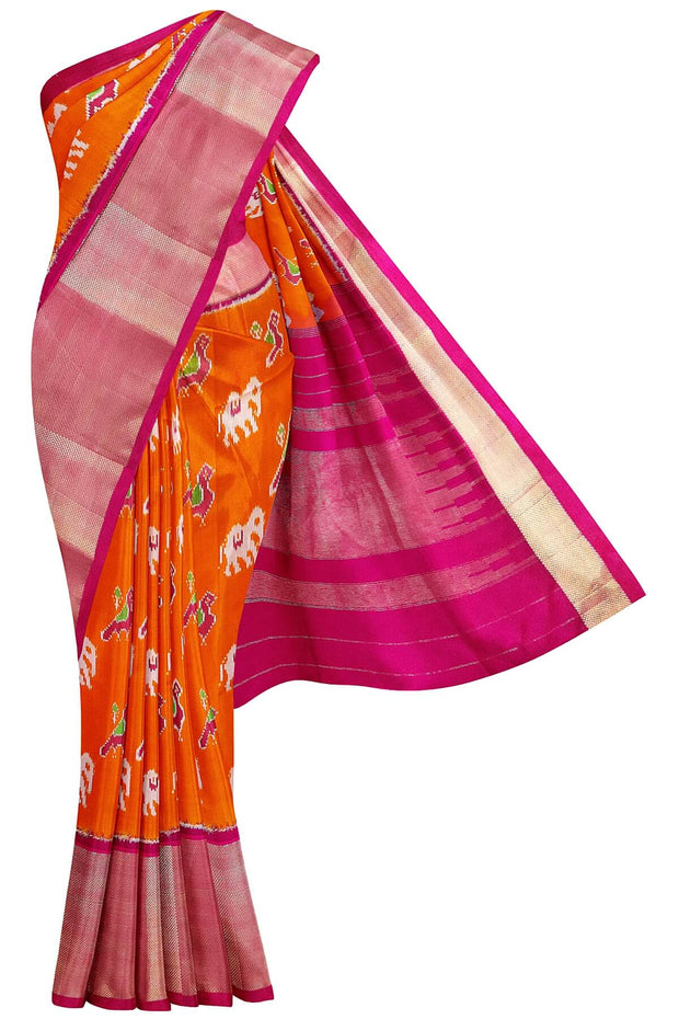 Handwoven Ikat pure silk saree in orange with elephant & bird motifs