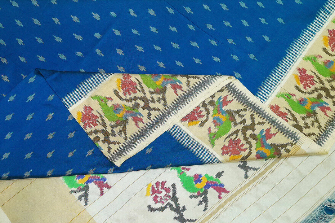 Handwoven Ikat pure silk saree in blue with small motifs