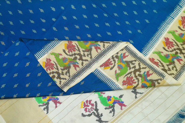 Handwoven Ikat pure silk saree in blue with small motifs
