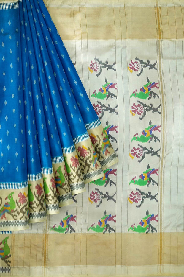 Handwoven Ikat pure silk saree in blue with small motifs