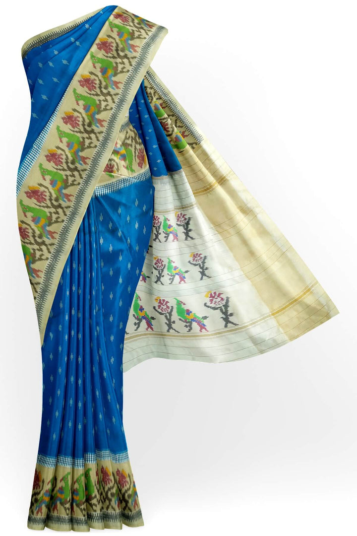 Handwoven Ikat pure silk saree in blue with small motifs
