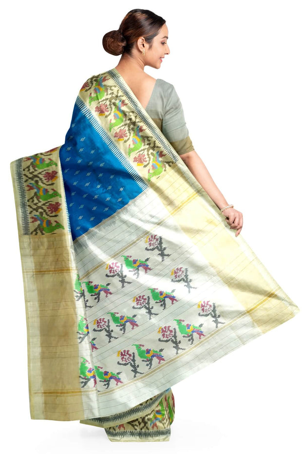 Handwoven Ikat pure silk saree in blue with small motifs