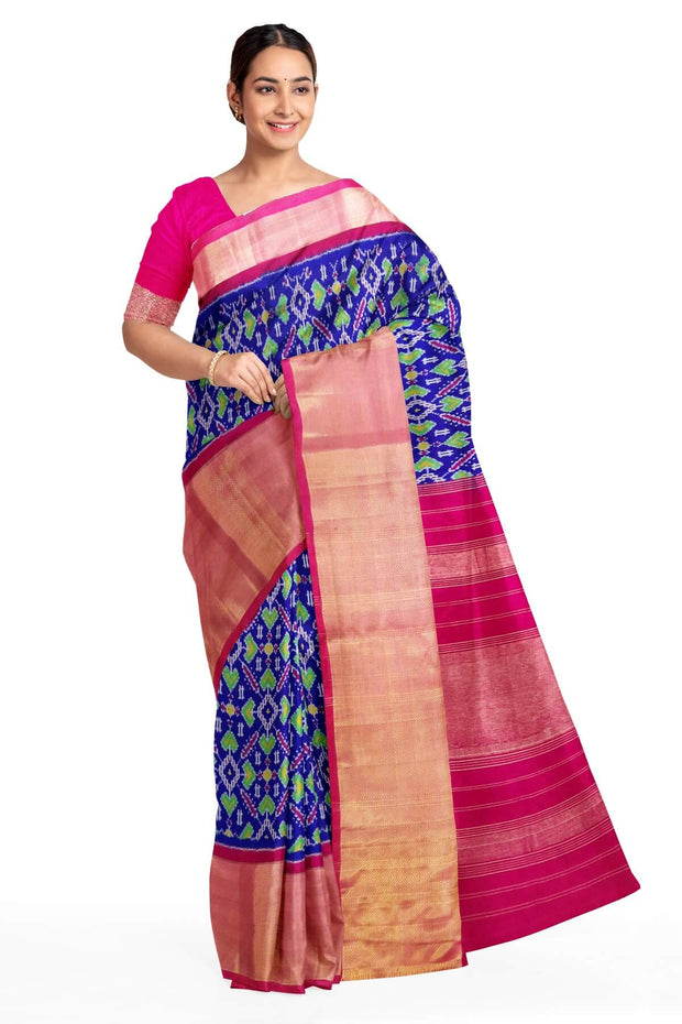 Ikat pure silk saree in blue in pan patola pattern