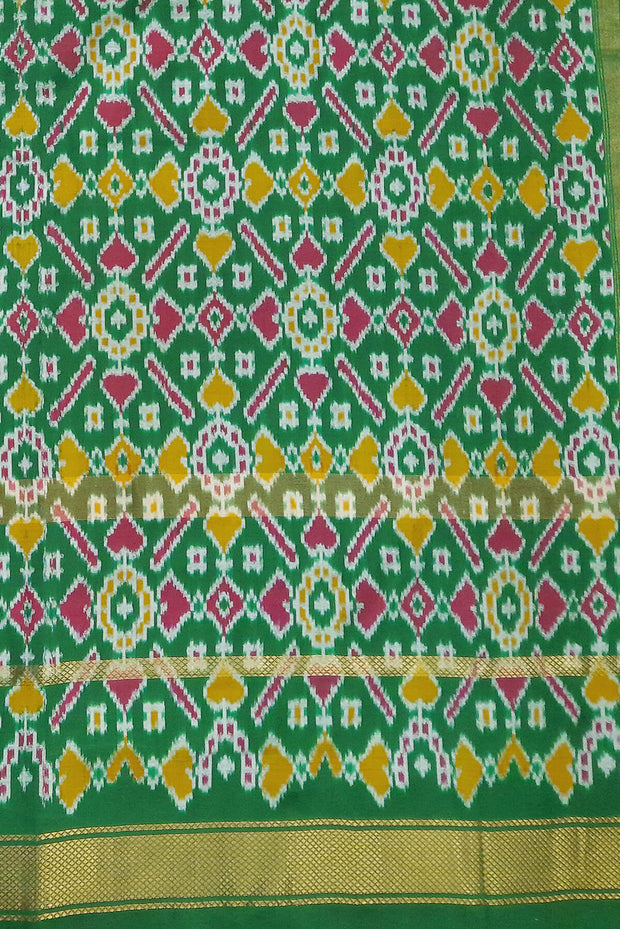 Ikat pure silk saree in yellow with pan bhat pattern in pallu.