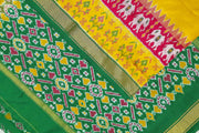 Ikat pure silk saree in yellow with pan bhat pattern in pallu.