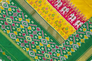 Ikat pure silk saree in yellow with pan bhat pattern in pallu.