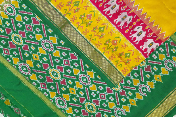 Ikat pure silk saree in yellow with pan bhat pattern in pallu.