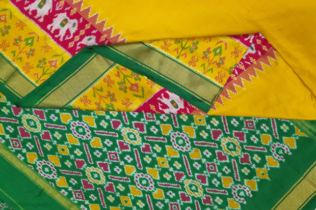 Ikat pure silk saree in yellow with pan bhat pattern in pallu.