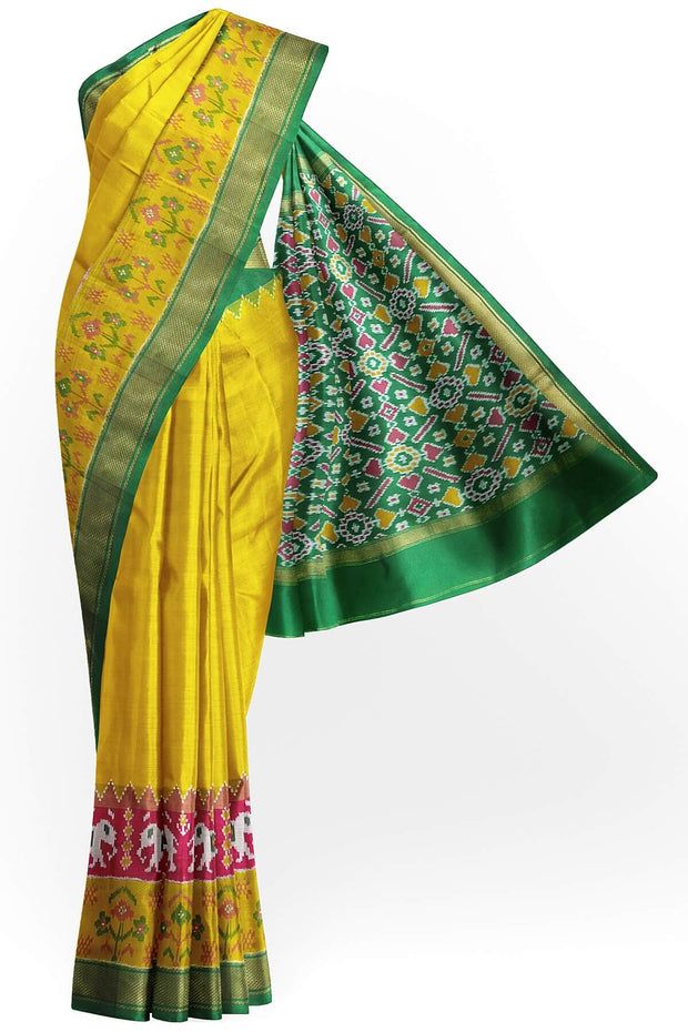 Ikat pure silk saree in yellow with pan bhat pattern in pallu.