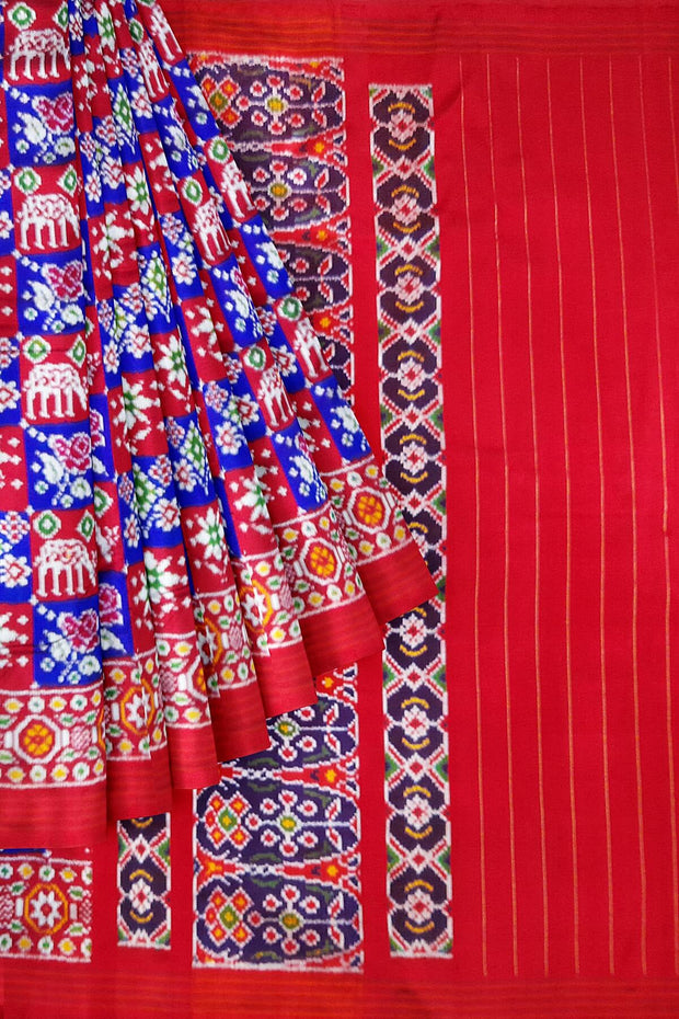 Handwoven ikat pure silk TWILL WEAVE saree in  blue & red