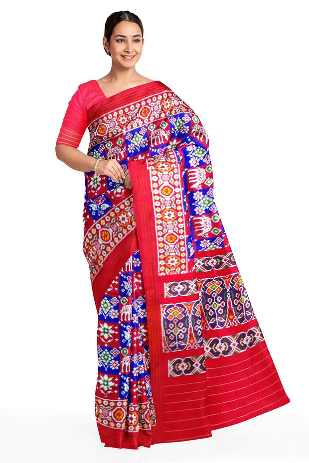Handwoven ikat pure silk TWILL WEAVE saree in  blue & red