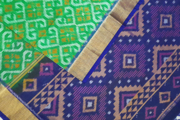 Handloom ikat silk cotton saree in green  & blue