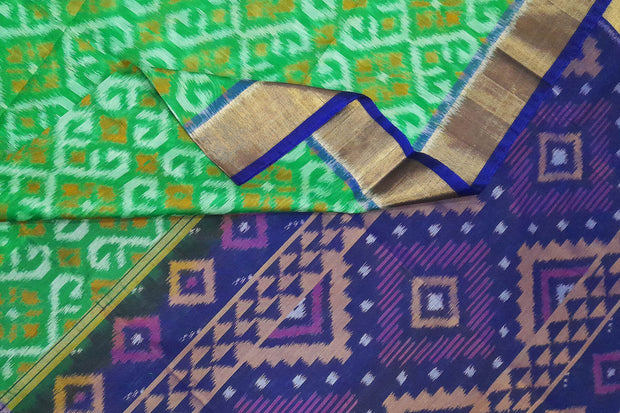 Handloom ikat silk cotton saree in green  & blue
