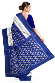 Handwoven ikat pure cotton saree in blue with floral pattern and without blouse
