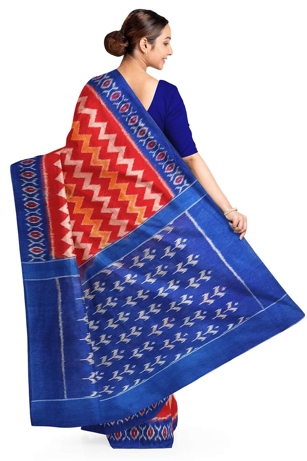 Handwoven ikat pure cotton saree in red in zig zag pattern