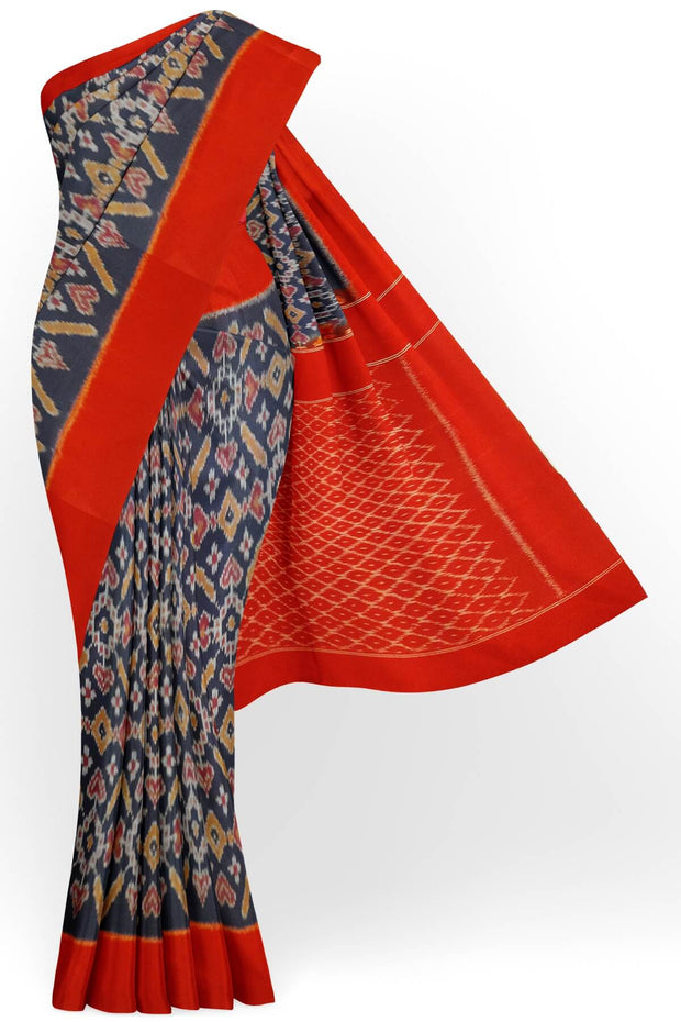 Handwoven ikat pure cotton saree in blue pan patola pattern