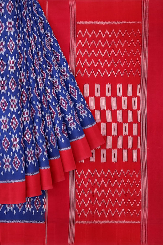 Handwoven ikat pure cotton saree in blue in 4 motif telia pattern