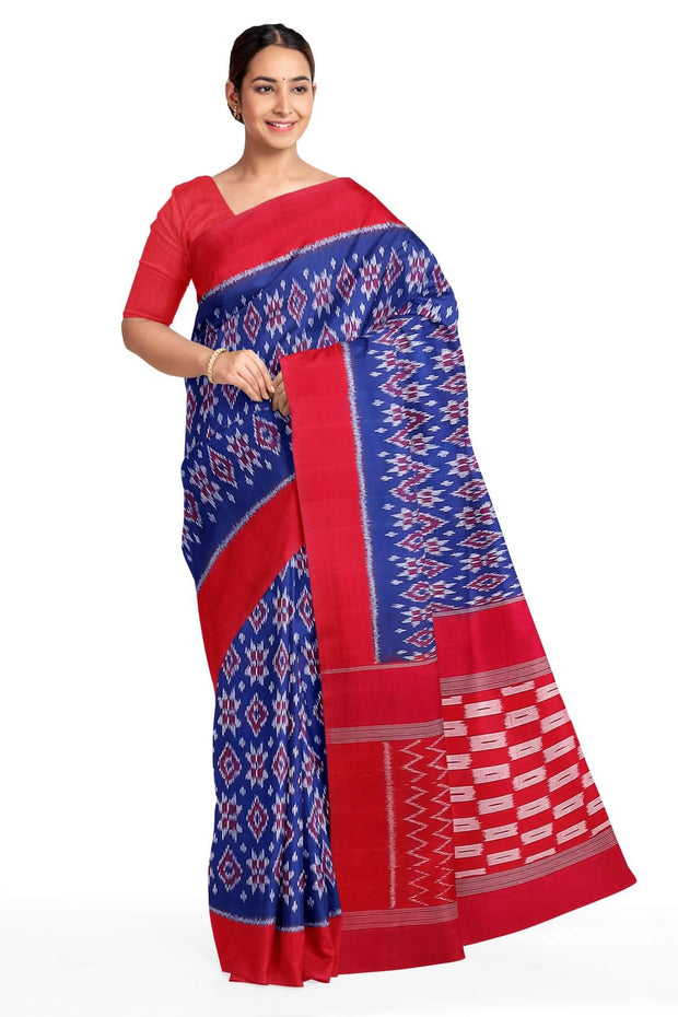 Handwoven ikat pure cotton saree in blue in 4 motif telia pattern