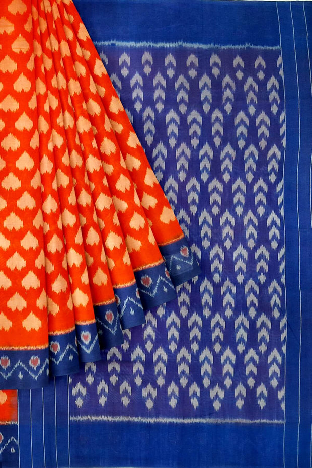 Handwoven ikat pure cotton saree in orange with leaf pattern