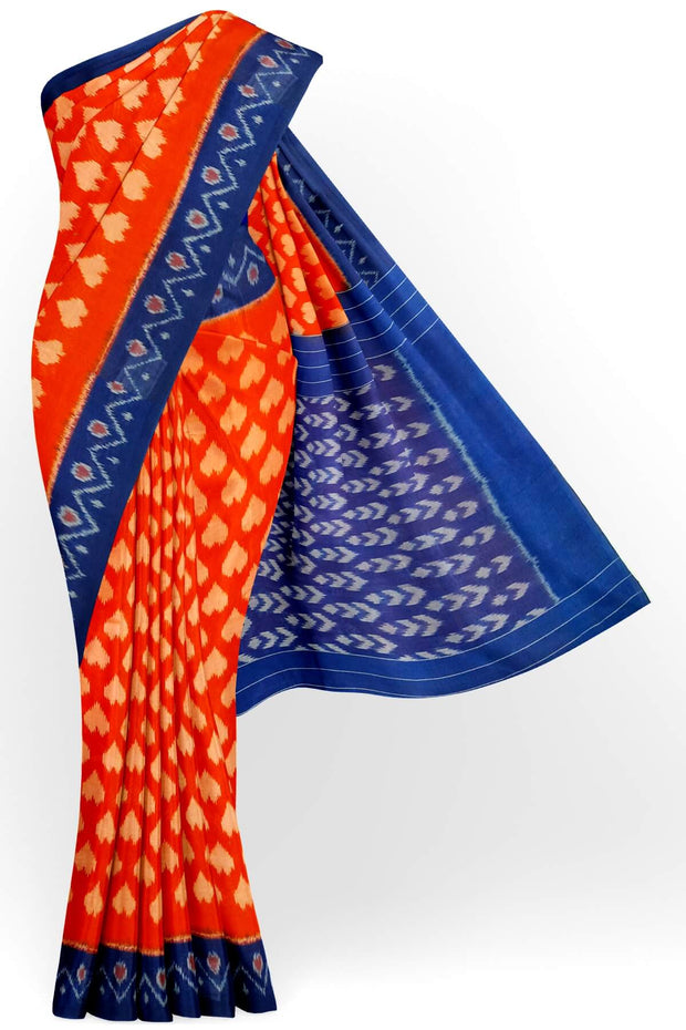 Handwoven ikat pure cotton saree in orange with leaf pattern
