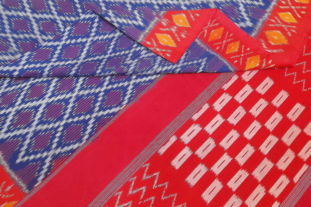 Handwoven ikat pure cotton saree in blue in diamond pattern