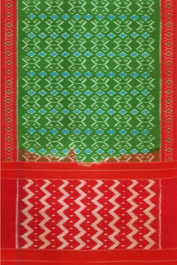 Handwoven ikat pure cotton saree in green with floral motifs