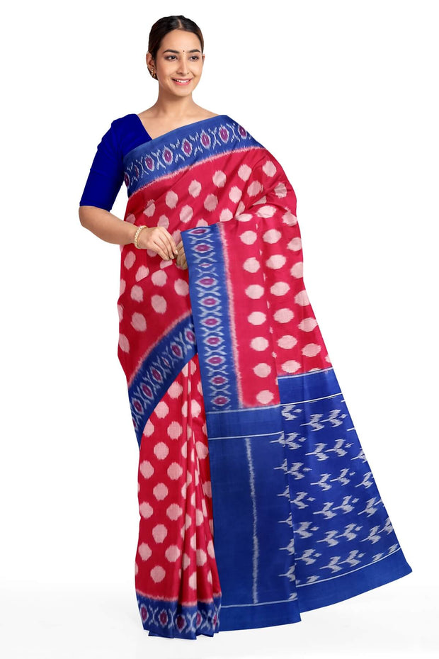 Handwoven ikat pure cotton saree in pink with polka dots