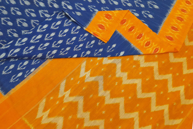 Handwoven ikat pure cotton saree in blue with anchor motifs
