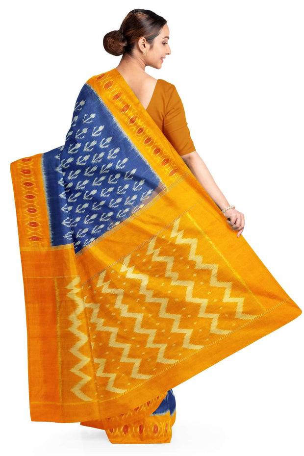 Handwoven ikat pure cotton saree in blue with anchor motifs