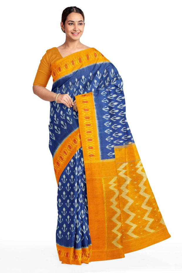 Handwoven ikat pure cotton saree in blue with anchor motifs