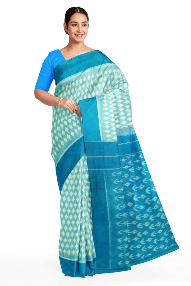 Handwoven ikat pure cotton saree in sky blue with small motifs