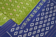 Handwoven ikat pure cotton saree in olive green & blue