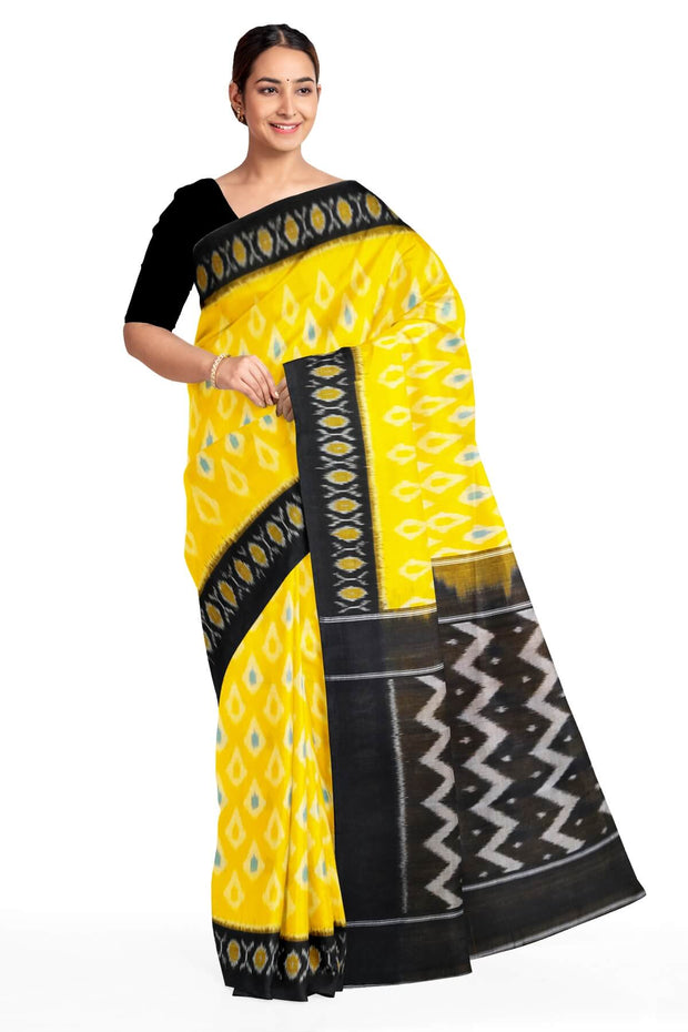 Handwoven ikat pure cotton saree in yellow