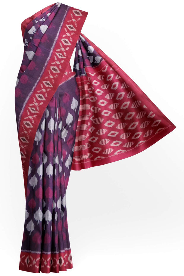 Handwoven ikat pure cotton saree in purple   with leaf motifs