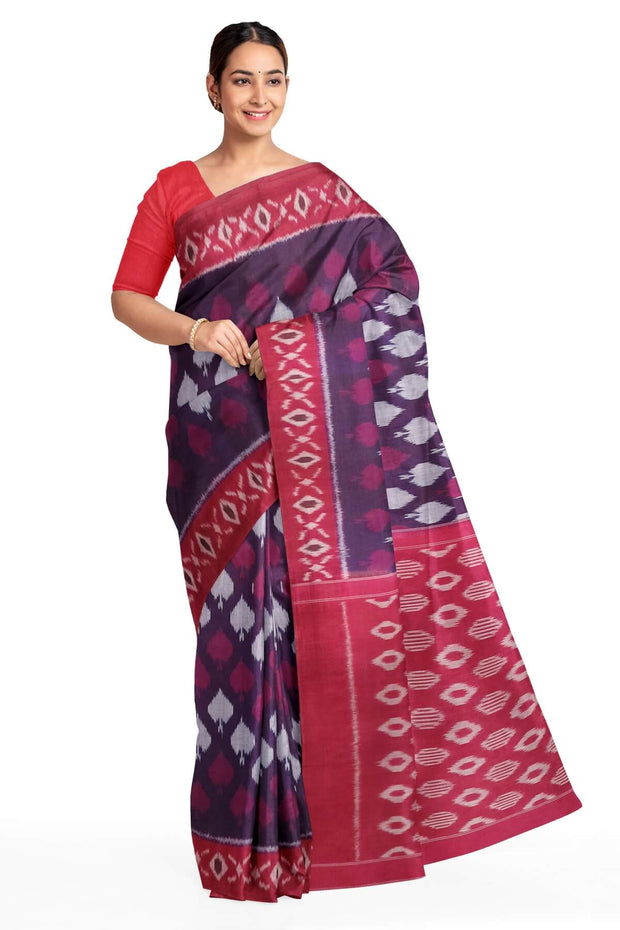 Handwoven ikat pure cotton saree in purple   with leaf motifs