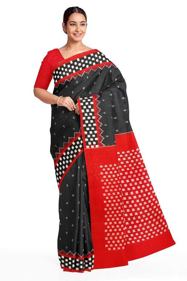Handwoven double ikat pure cotton saree in black with small motifs