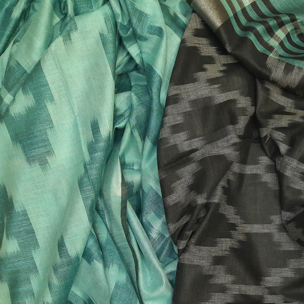 Ikat woven linen cotton saree in sea green