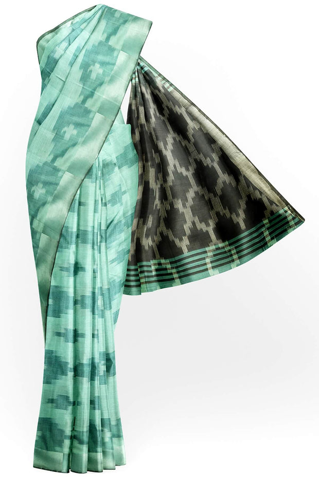 Ikat woven linen cotton saree in sea green