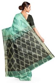 Ikat woven linen cotton saree in sea green