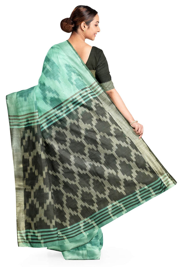 Ikat woven linen cotton saree in sea green