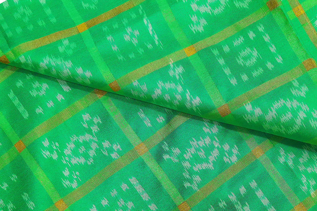 Handwoven Ikat pure silk fabric in zari checks with border