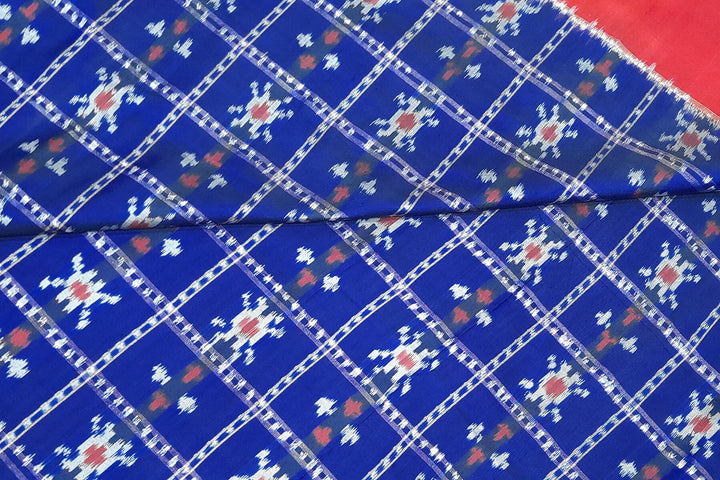 Handwoven Ikat pure silk fabric in blue with red border
