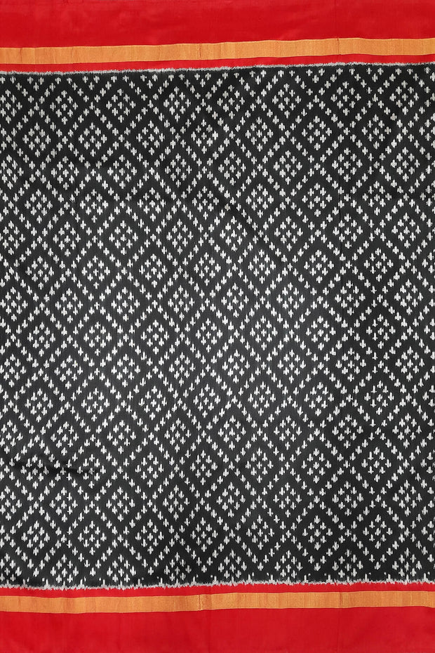 Handwoven Ikat pure silk fabric in black in geometric pattern with border