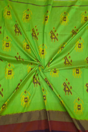 Handwoven Ikat pure silk fabric in green with elephant & bird motifs and red border