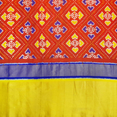 Handwoven Ikat pure silk fabric  in patola pattern in red with multicoloured border