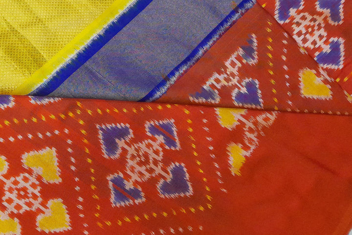 Handwoven Ikat pure silk fabric  in patola pattern in red with multicoloured border