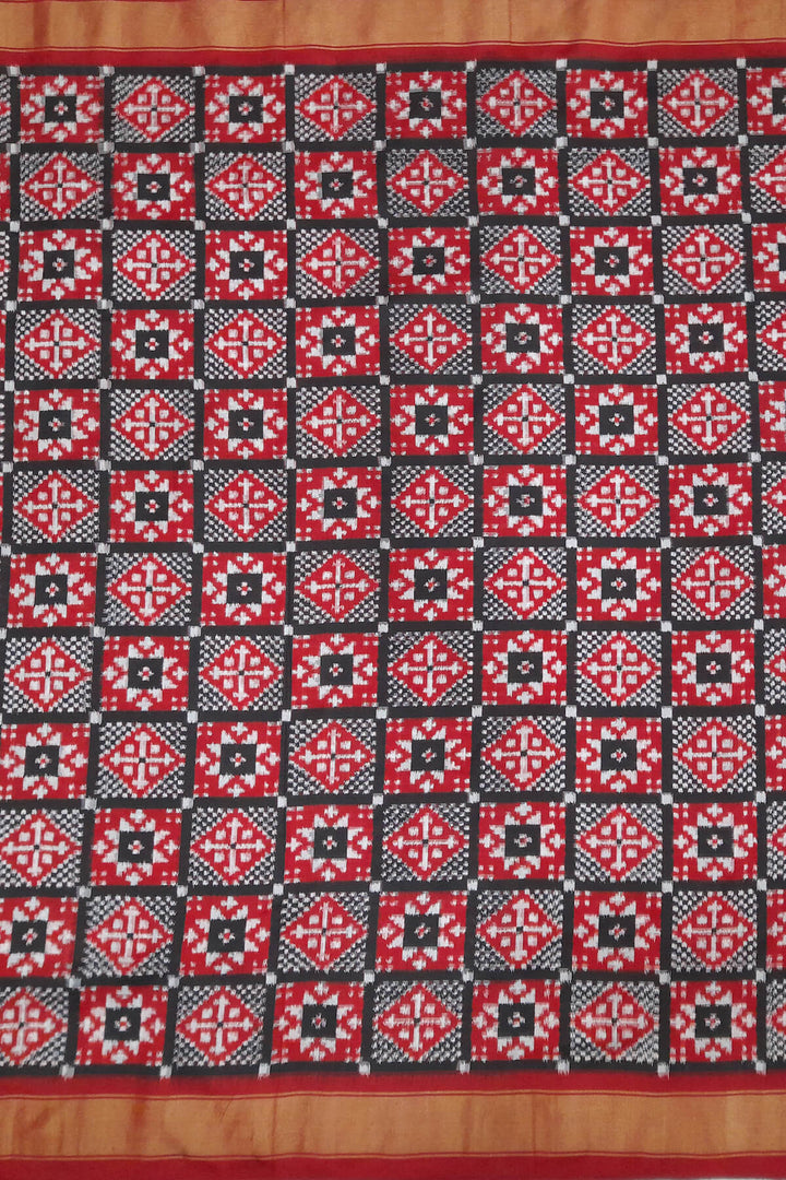 Handwoven Double Ikat pure silk fabric in geometric pattern in black checks with border