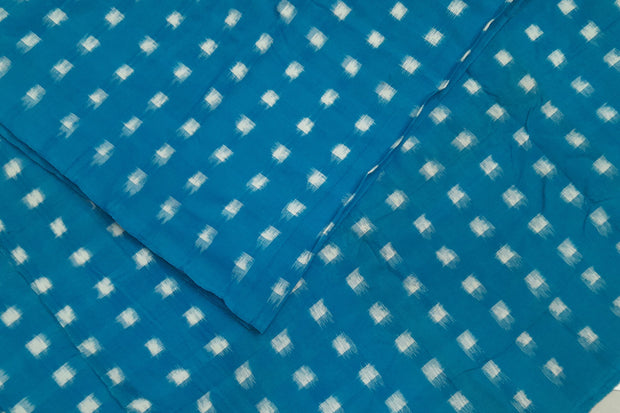 Handwoven double ikat pure cotton fabric in blue with white squares