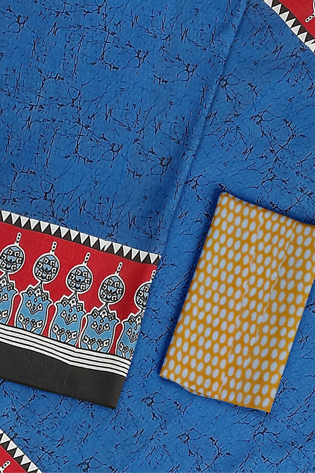 Jaipur cotton saree with Bagru block print in blue with branched pattern